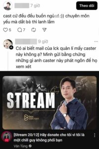 BLV Văn Tùng cũng bị fan của Zeus chỉ trích vì dùng từ "nhạy cảm" trên sóng livestream.